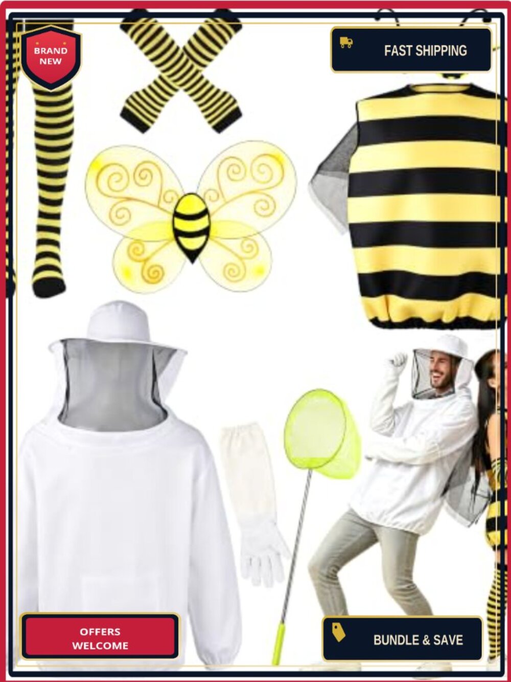 Halloween Bee and Beekeeper Couple Costume Set 10 Piece Adults